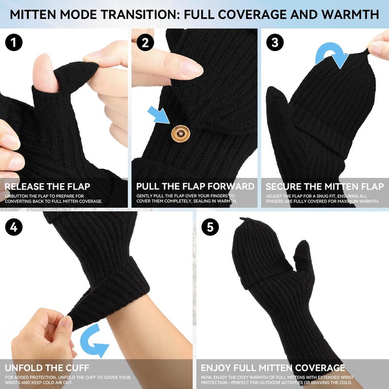 Cierto Winter Gloves for Women & Men | Convertible Fingerless Gloves for Cold Weather,Womens Warm Knit Mittens… - Image 4